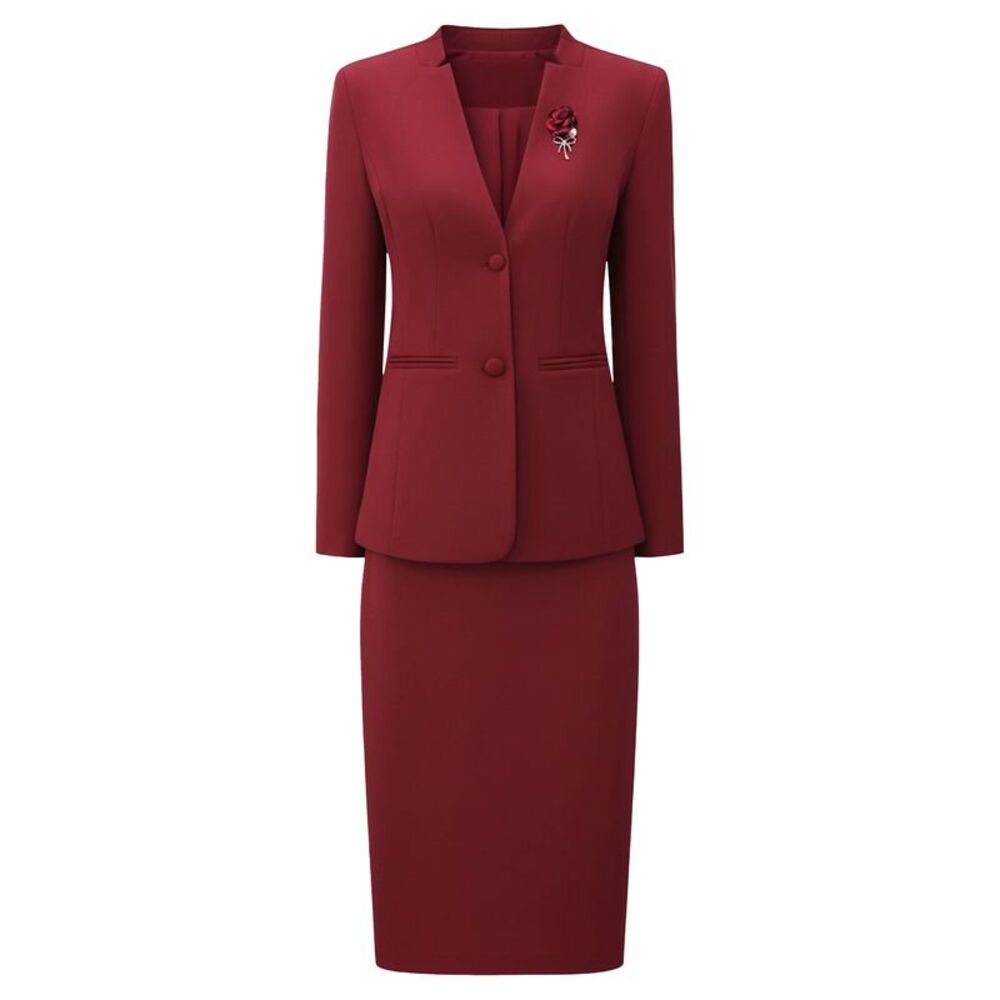 Women Business Work Suit Set 2 Piece Outfit Blazers Skirt Dark Red
